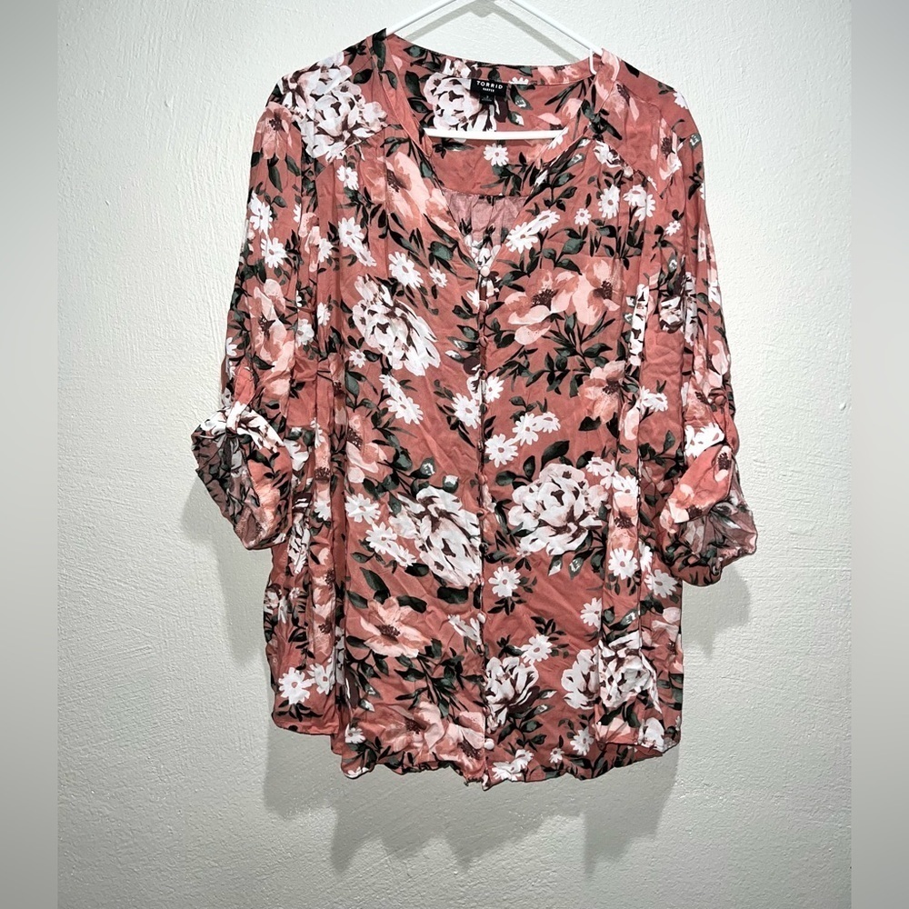 Torrid Harper Pink Floral 3/4 Sleeve Tunic Top
